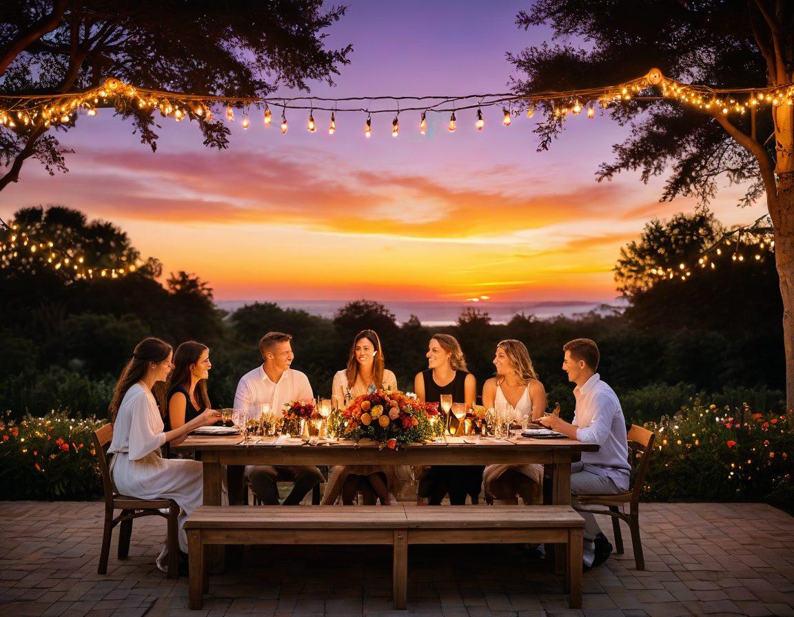 A beautifully set outdoor table adorned with elegant decorations, featuring a stunning sunset backdrop. Include diverse people sharing laughter and experiences, surrounded by twinkling fairy lights and floral arrangements, creating a warm, inviting atmosphere. Capture the essence of joy and celebration in an idyllic setting. vibrant colors. super-realistic. sunset lighting.