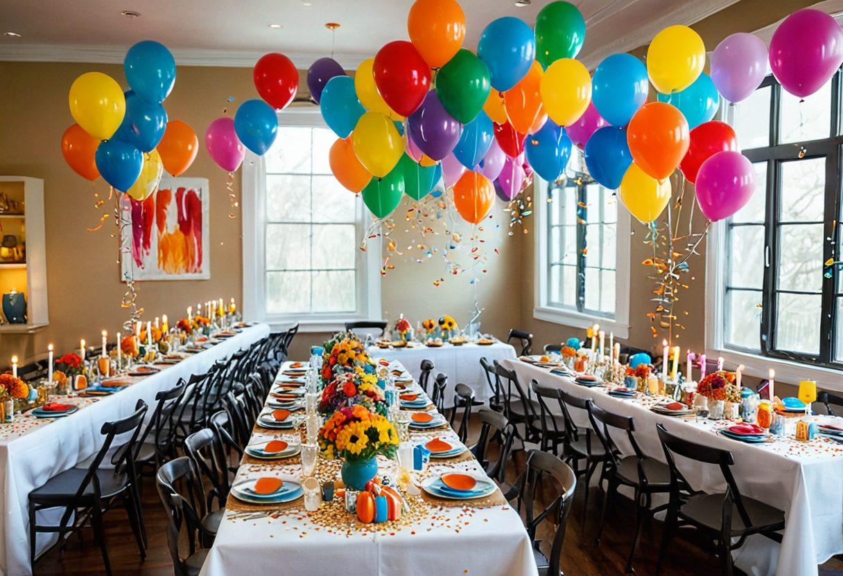 A vibrant table setting filled with surprising elements like levitating balloons, glowing candles, and whimsical decorations, showcasing an unexpected celebration atmosphere with colorful confetti raining down. The background features joyful guests gasping in delight surrounded by unique party themes. super-realistic. vibrant colors. dynamic composition.