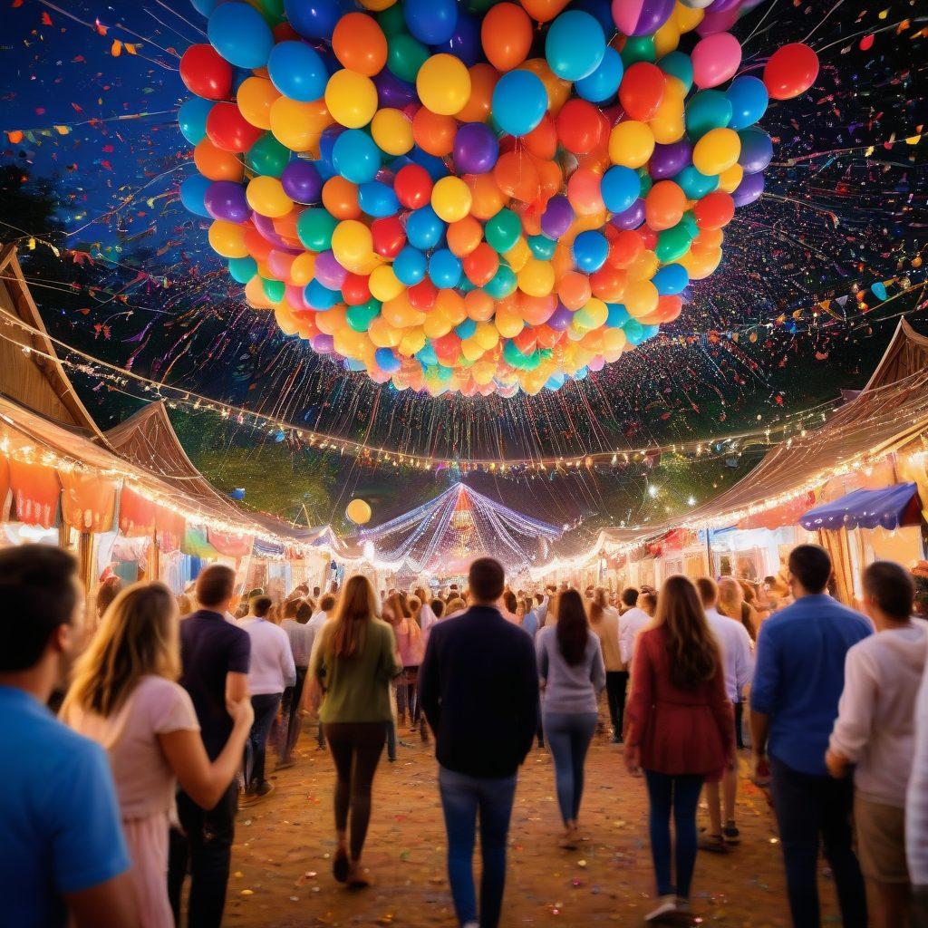 A lively scene depicting a whimsical outdoor event with colorful decorations, smiling guests engaging in fun activities, and unexpected surprises like confetti or performers. Include eccentric balloons, fairy lights twinkling overhead, and a vibrant food display. This encapsulates astonishment and amusement in an event setting. vibrant colors. super-realistic.